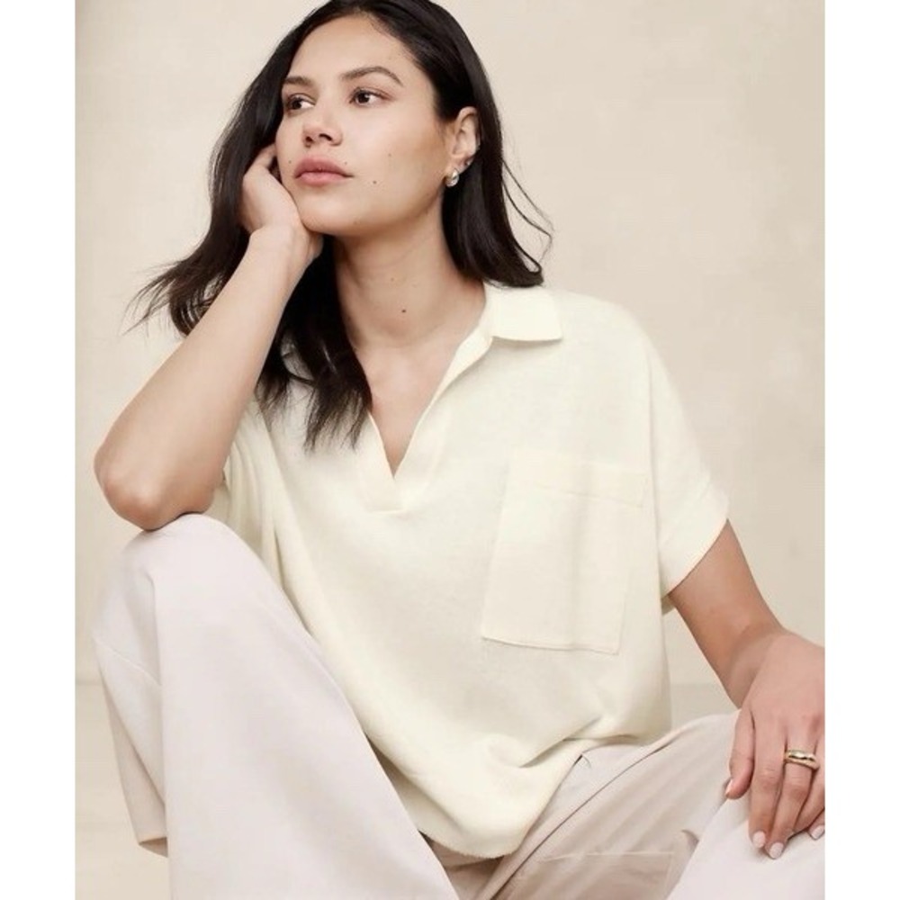 Banana Republic Factory Cotton Linen V Neck Boxy Sweater Ivory Cream XS Small